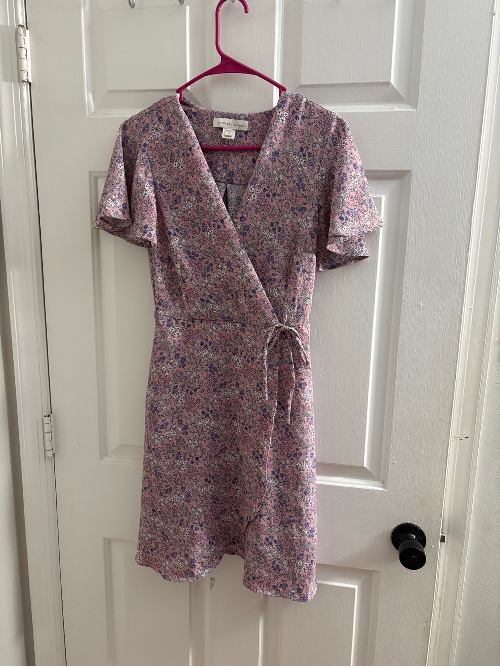 Monteau Pink Floral Wrap Dress with Tie Waist